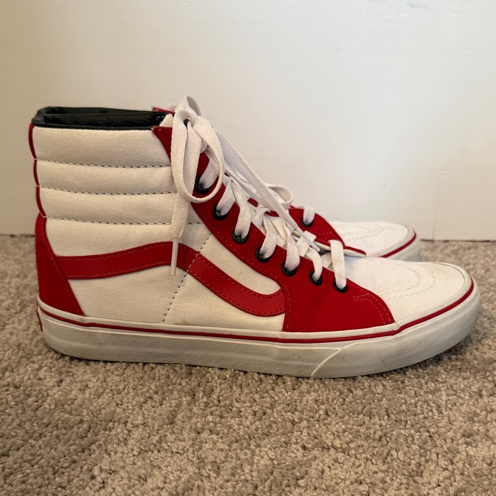 Vans Canvas Red and White High-Top Sneakers Unisex Mens 9W or Women’s 10.5W - Picture 5 of 7